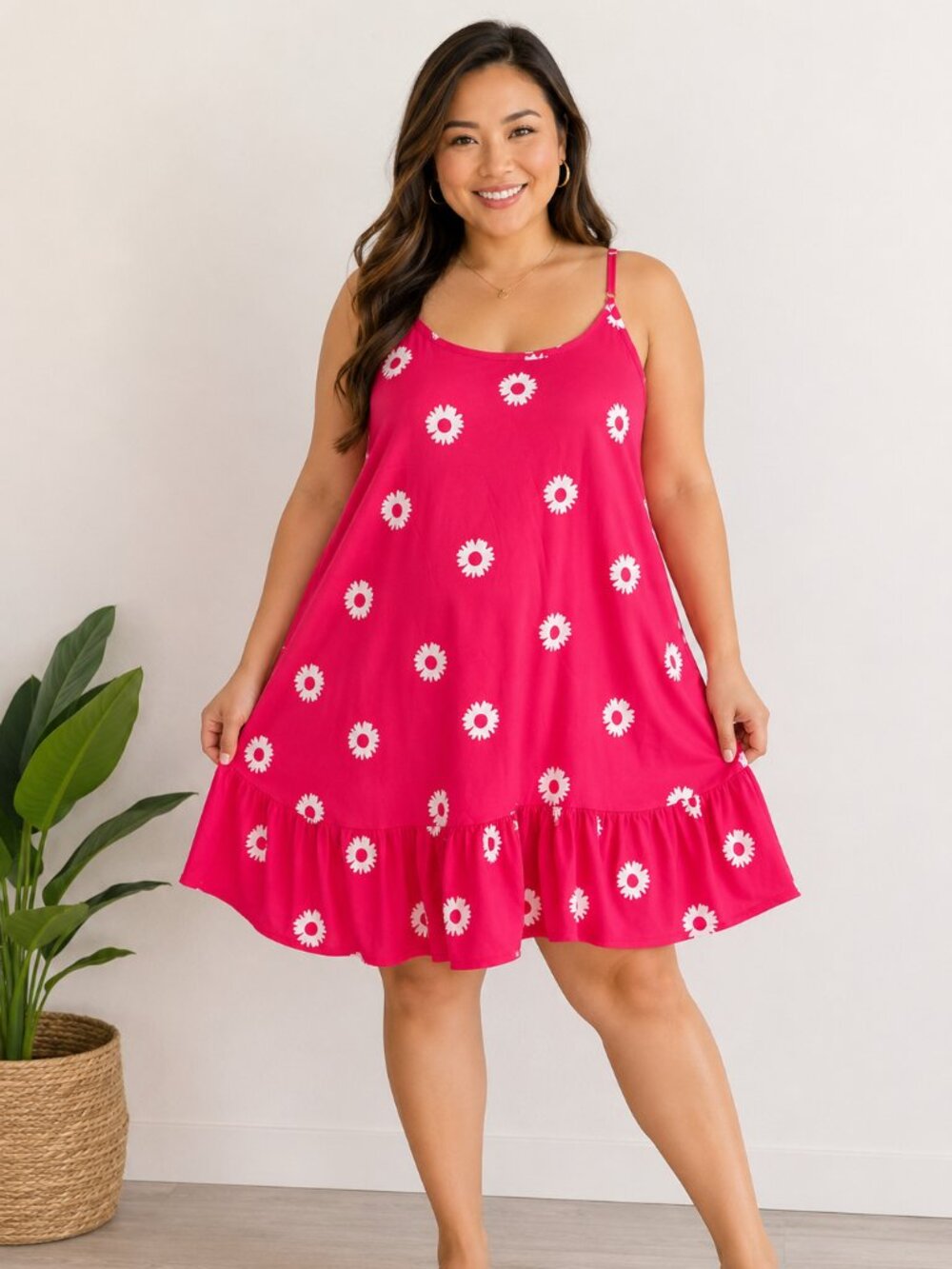SHEIN Women's Pink White Daisy Print Sundress Cami Swing Dress L NWT Floral
